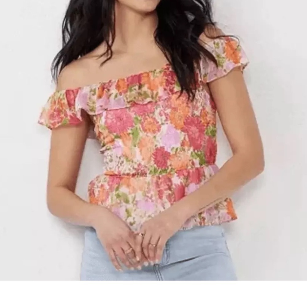 Lauren Conrad Women's Smocked Floral Ruffe Top Watercolor Size XL NWT